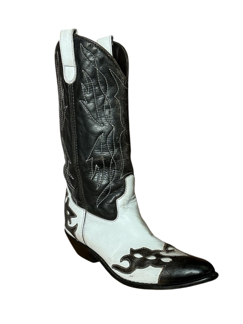Vintage White & Black Leather Point Toe Cowboy Boots Size 6.5